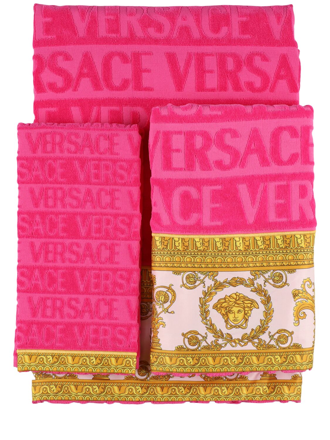 Versace Set Of 5 Barocco Towels In Fuchsia/pink