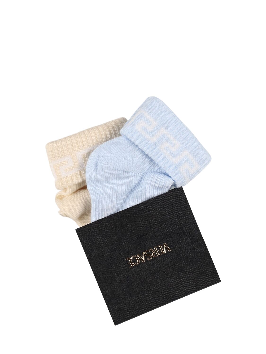 Versace Set Of 2 Cotton Knit Socks In Beige/light Blue