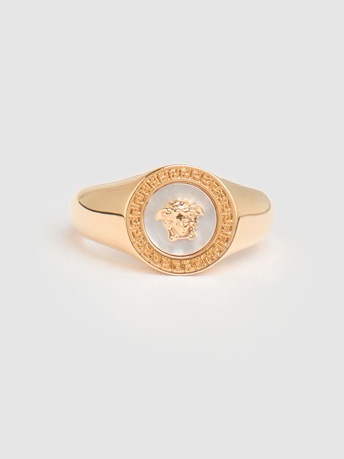 Shop Versace Medusa Mother Of Pearl Ring In Gold/white