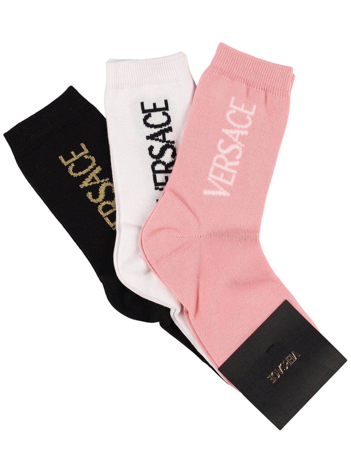 Versace Set Of 3 Cotton Blend Socks W/ Logo In White/pink