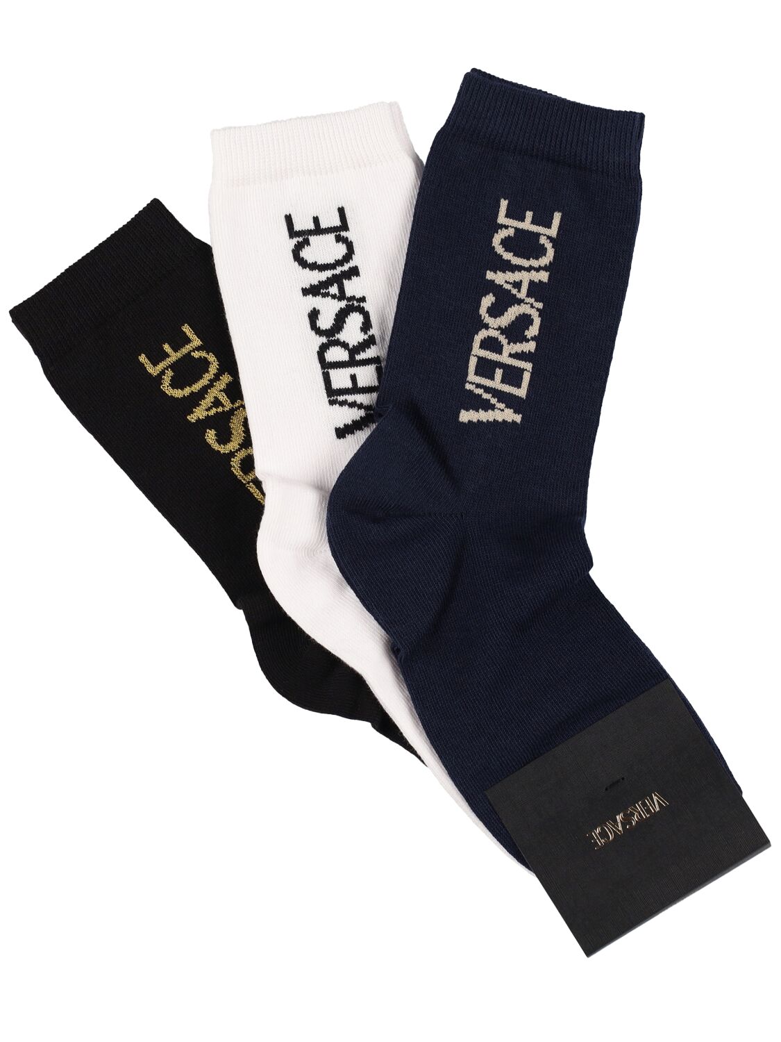 Versace Set Of 3 Cotton Intarsia Socks In 黑色/蓝色