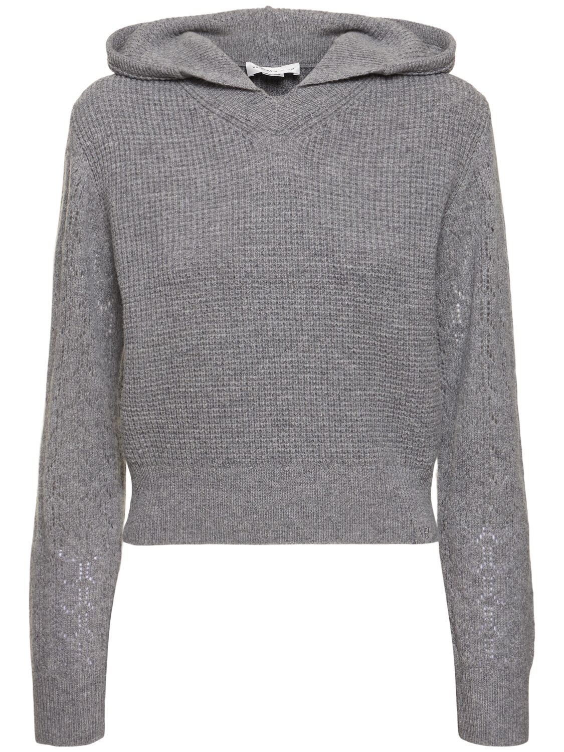 Victoria Beckham Hooded Pointelle Knit Wool Sweater In Grey