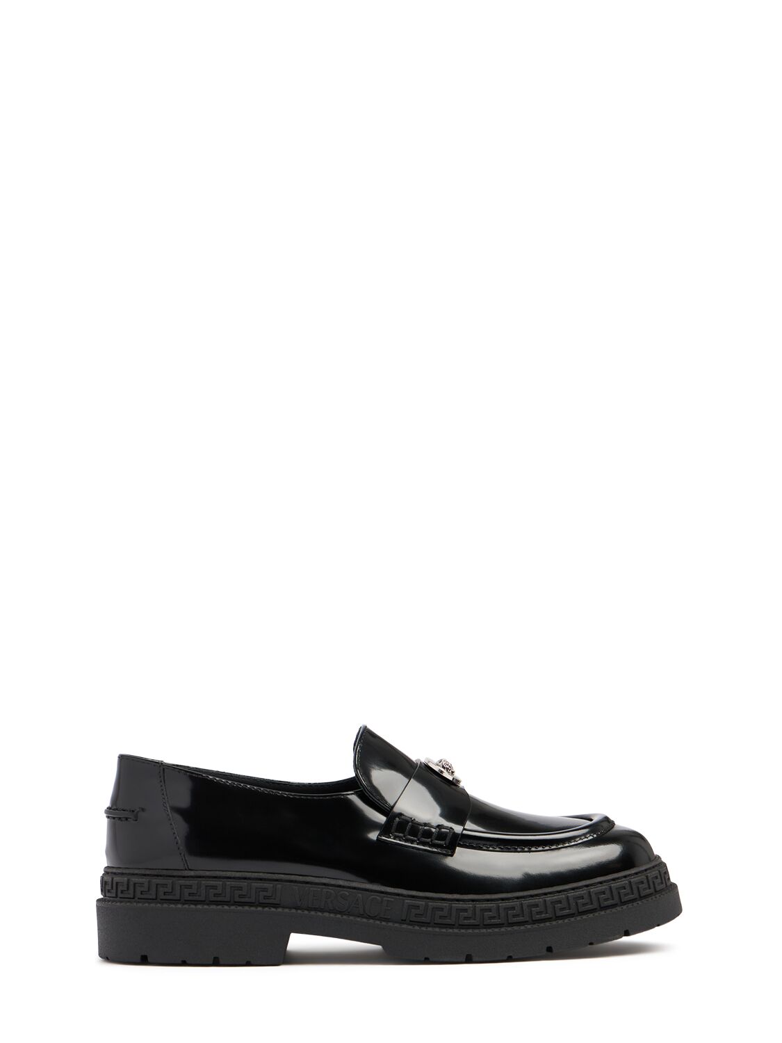 Versace Leather Loafers W/logo Appliqué In Black