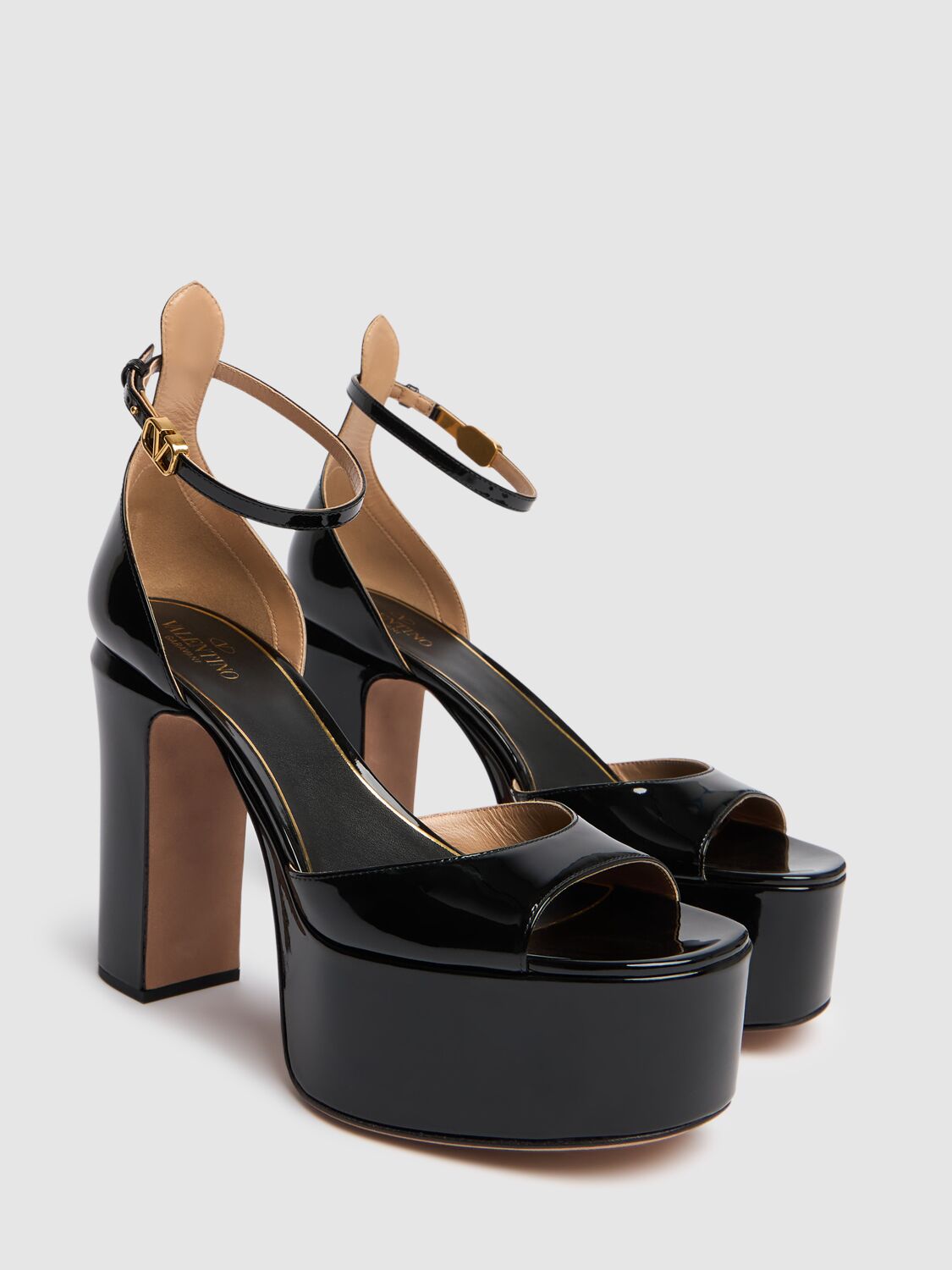 Valentino Tan-go 155 Platform Sandals In Patent Leather In Black