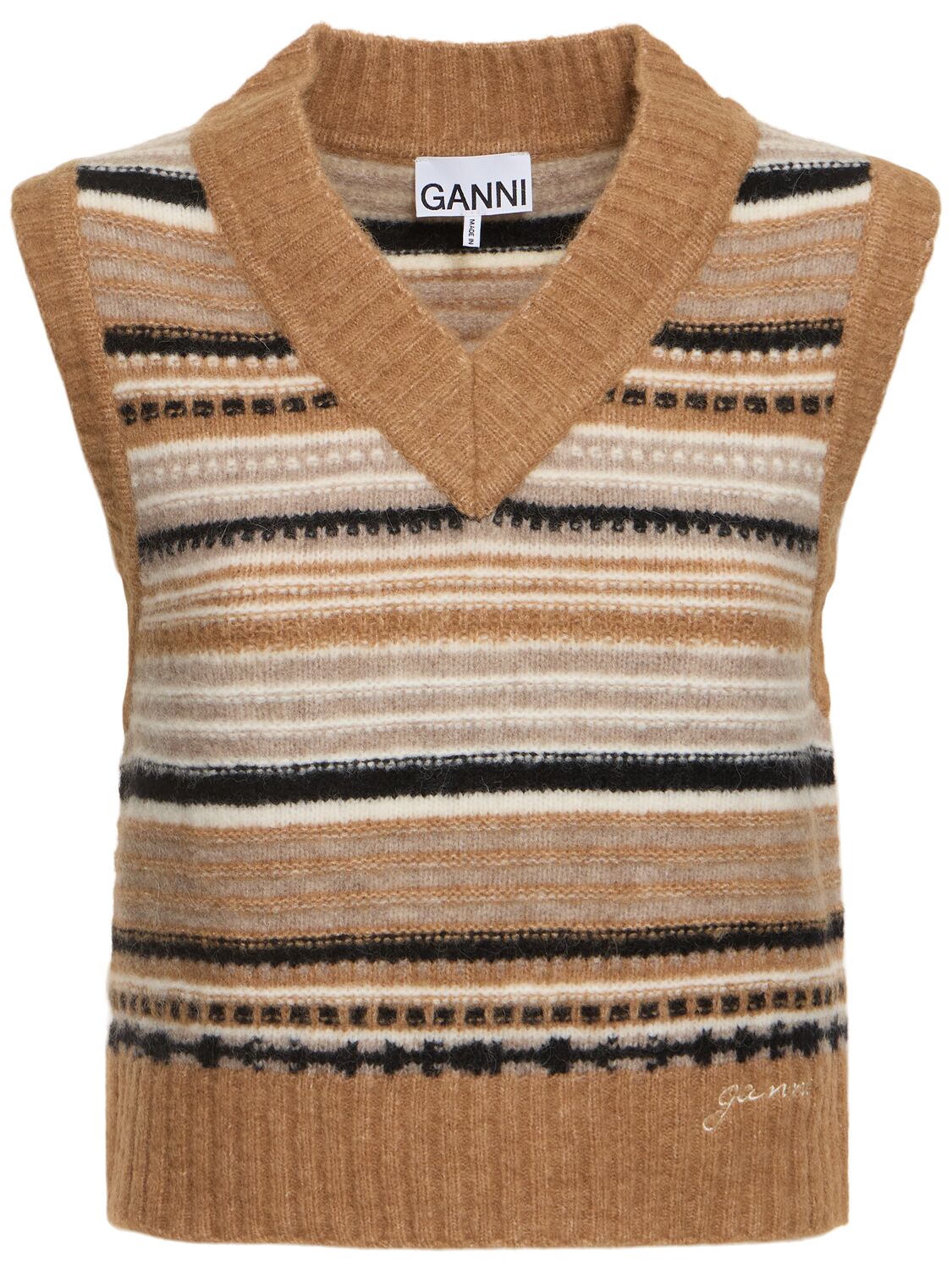 Shop Ganni Striped Soft Alpaca Blend Vest In Brown/multi