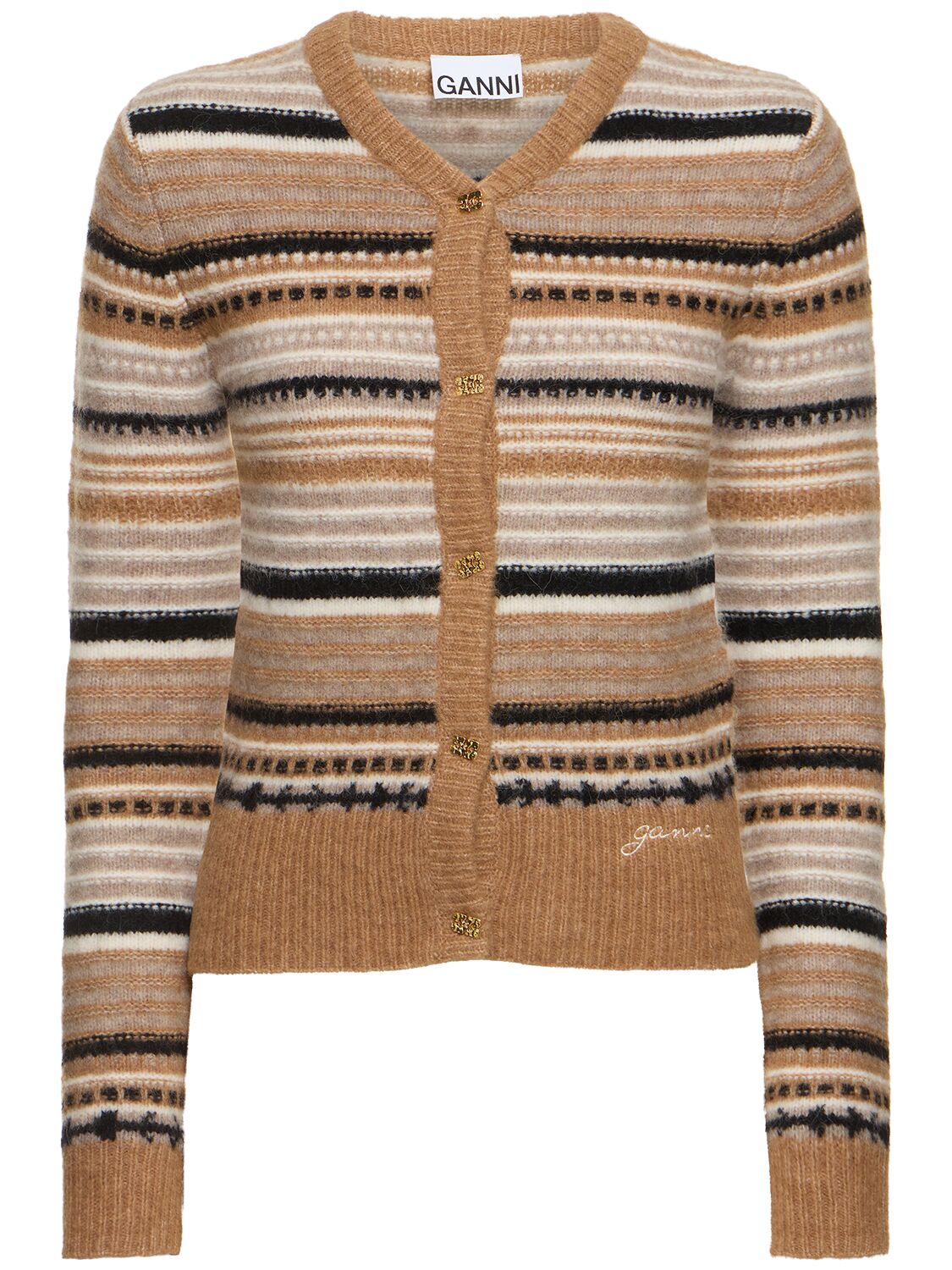 Shop Ganni Striped Soft Alpaca Blend Cardigan In Brown/multi