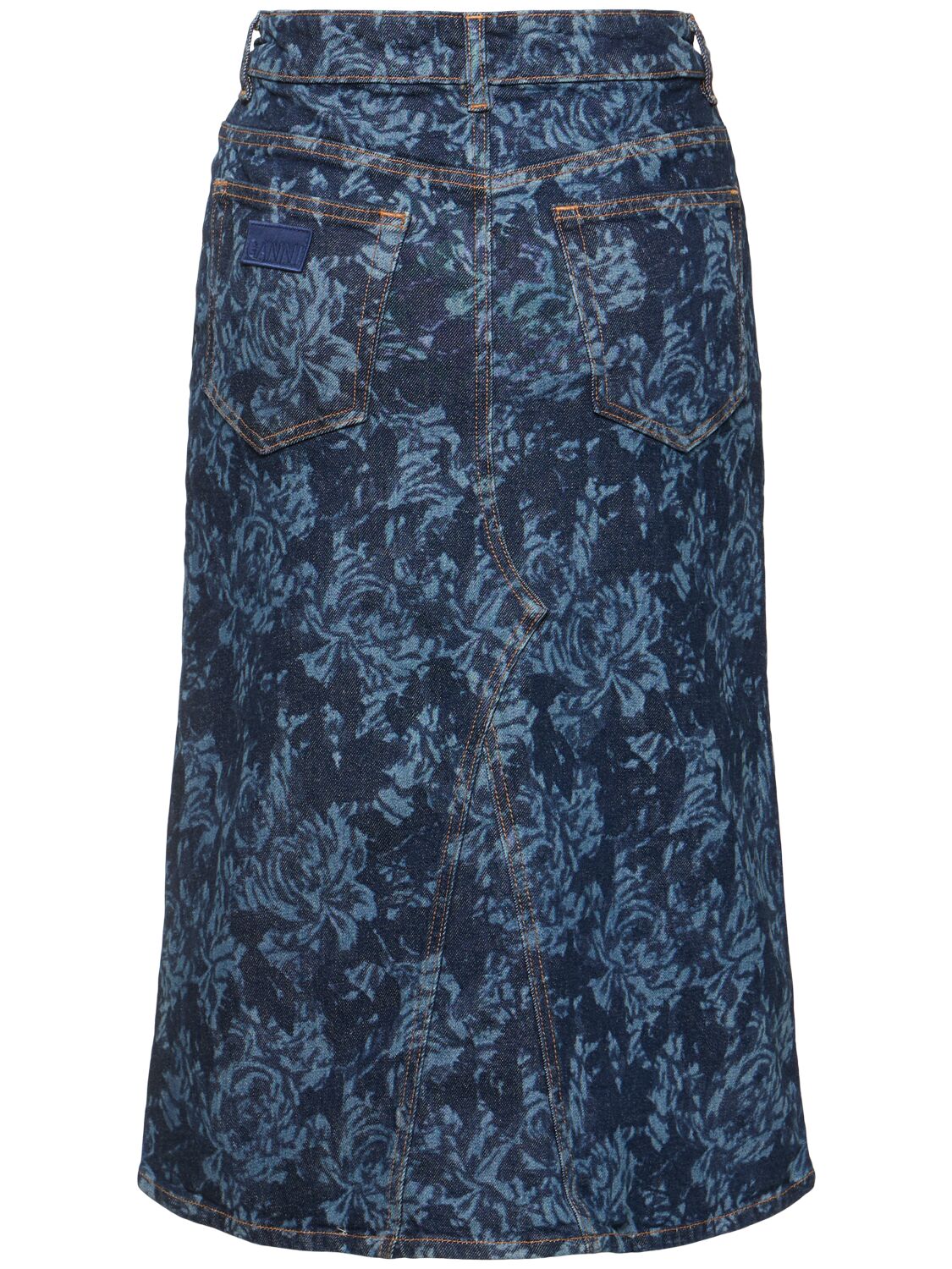 Shop Ganni Lazer Cotton Denim Midi Skirt In Blue/multi