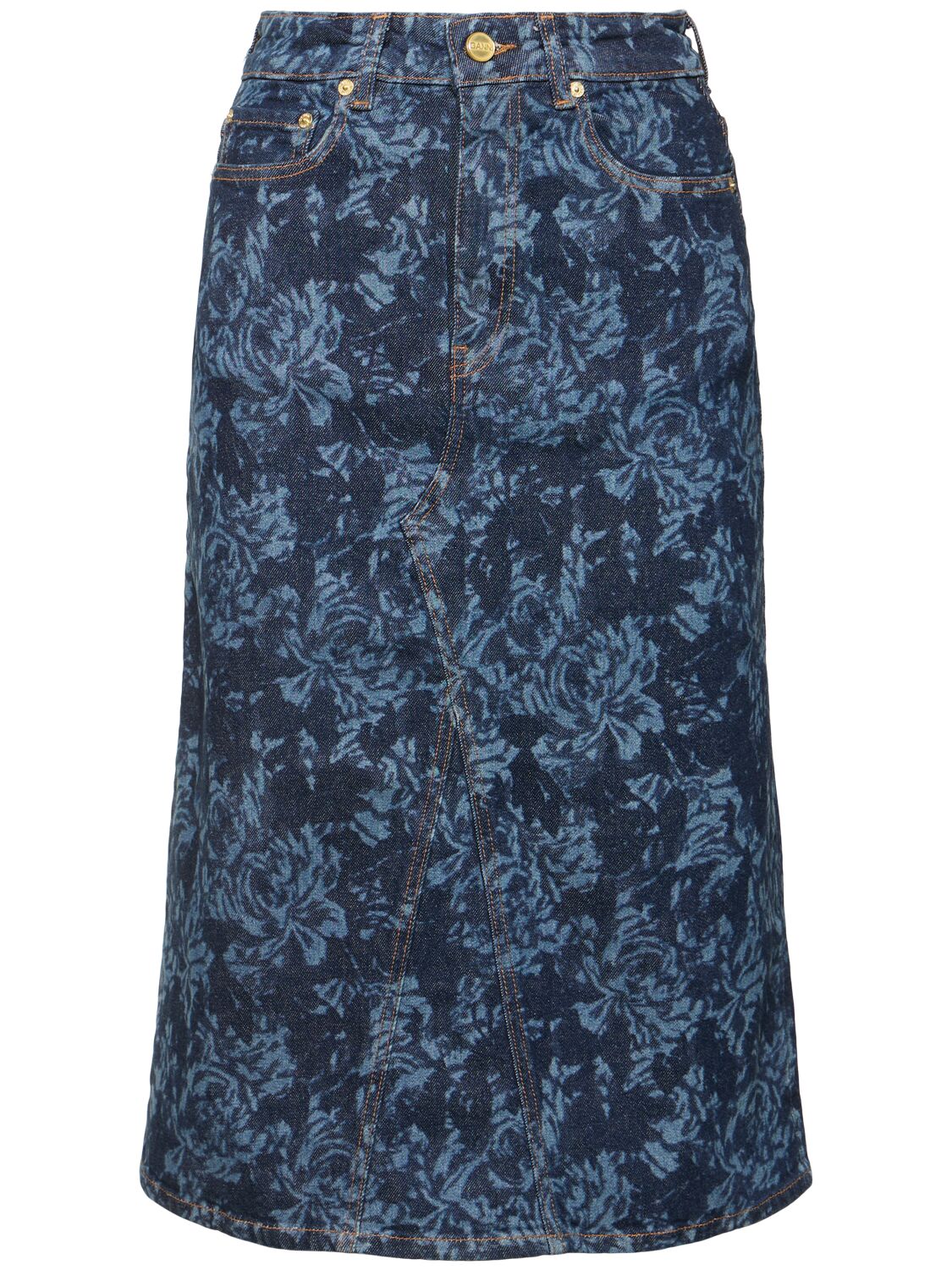 Ganni Lazer Cotton Denim Midi Skirt In Blue/multi
