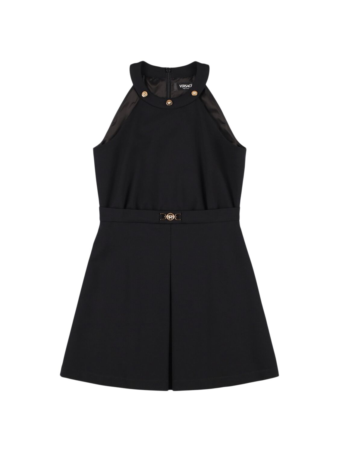 Versace Sleeveless Jersey Dress W/ Logo Buckle In Black