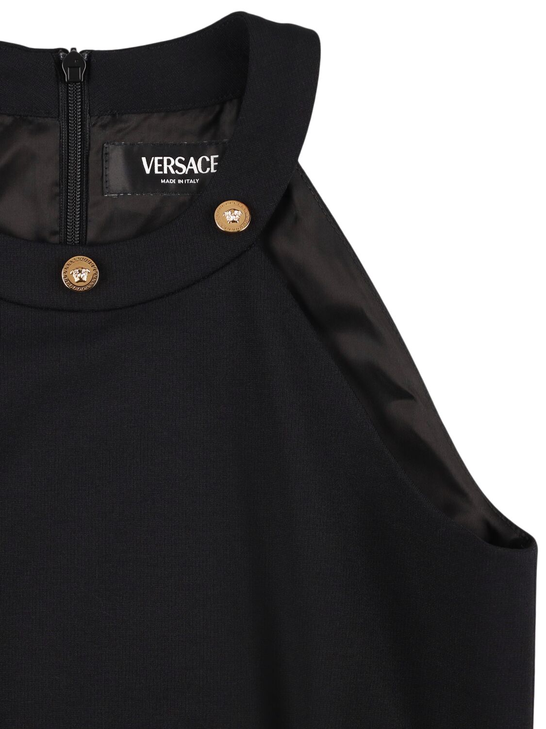 Shop Versace Sleeveless Jersey Dress W/ Logo Buckle In Black