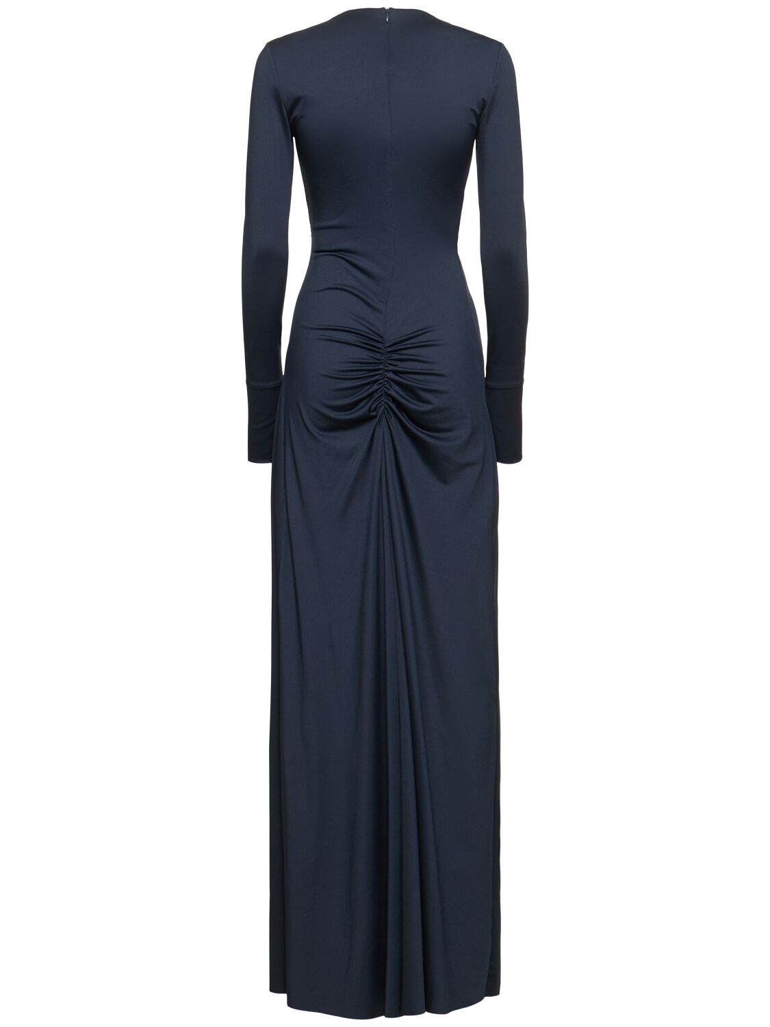 Shop Victoria Beckham Ruched Fluid Jersey Long Dress In 深蓝色