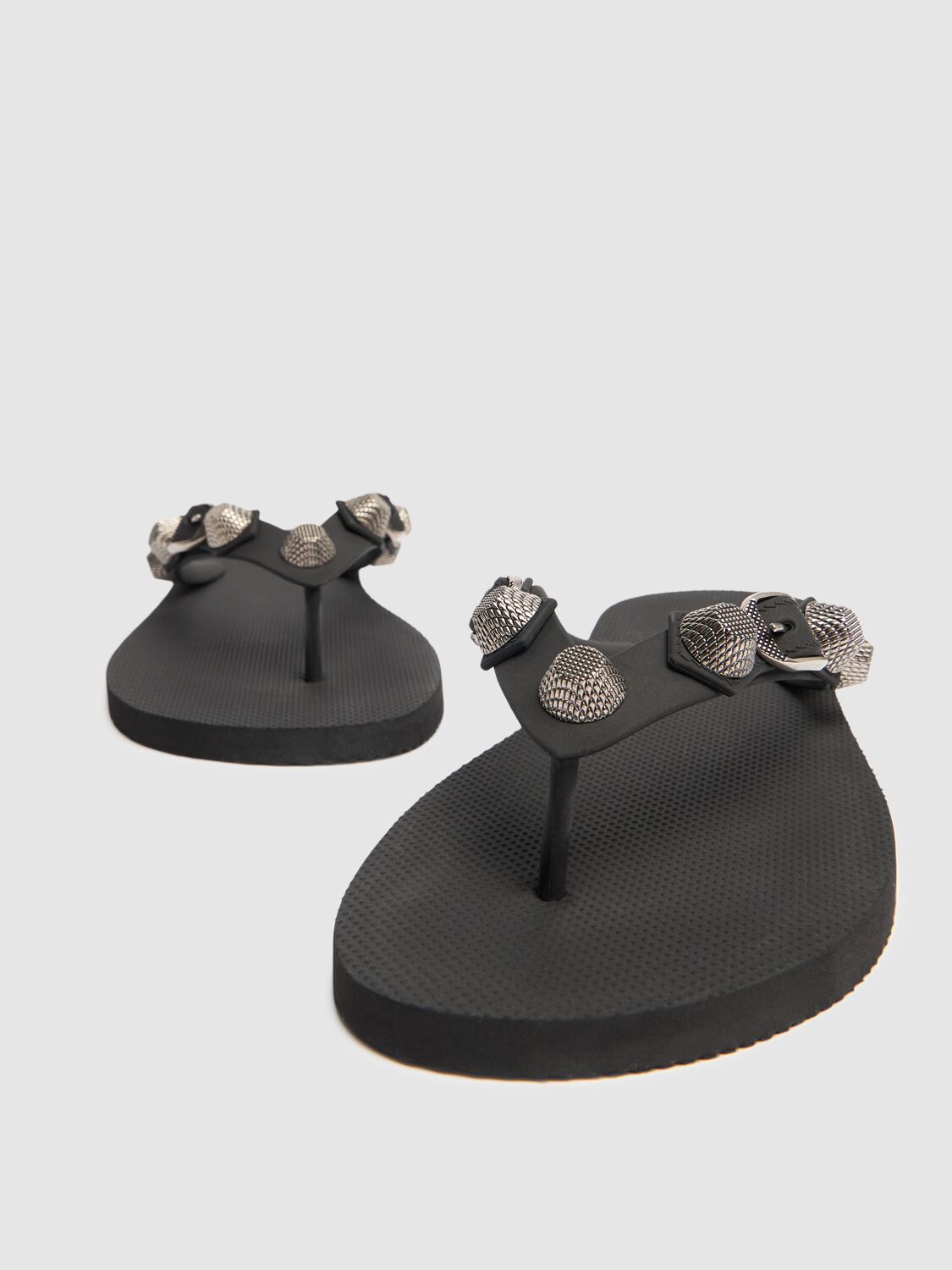 Balenciaga 'cagole' Black Rhinestoned Thong Sandals With Buckle On The Front In Tech Fabric Woman In Black,silver