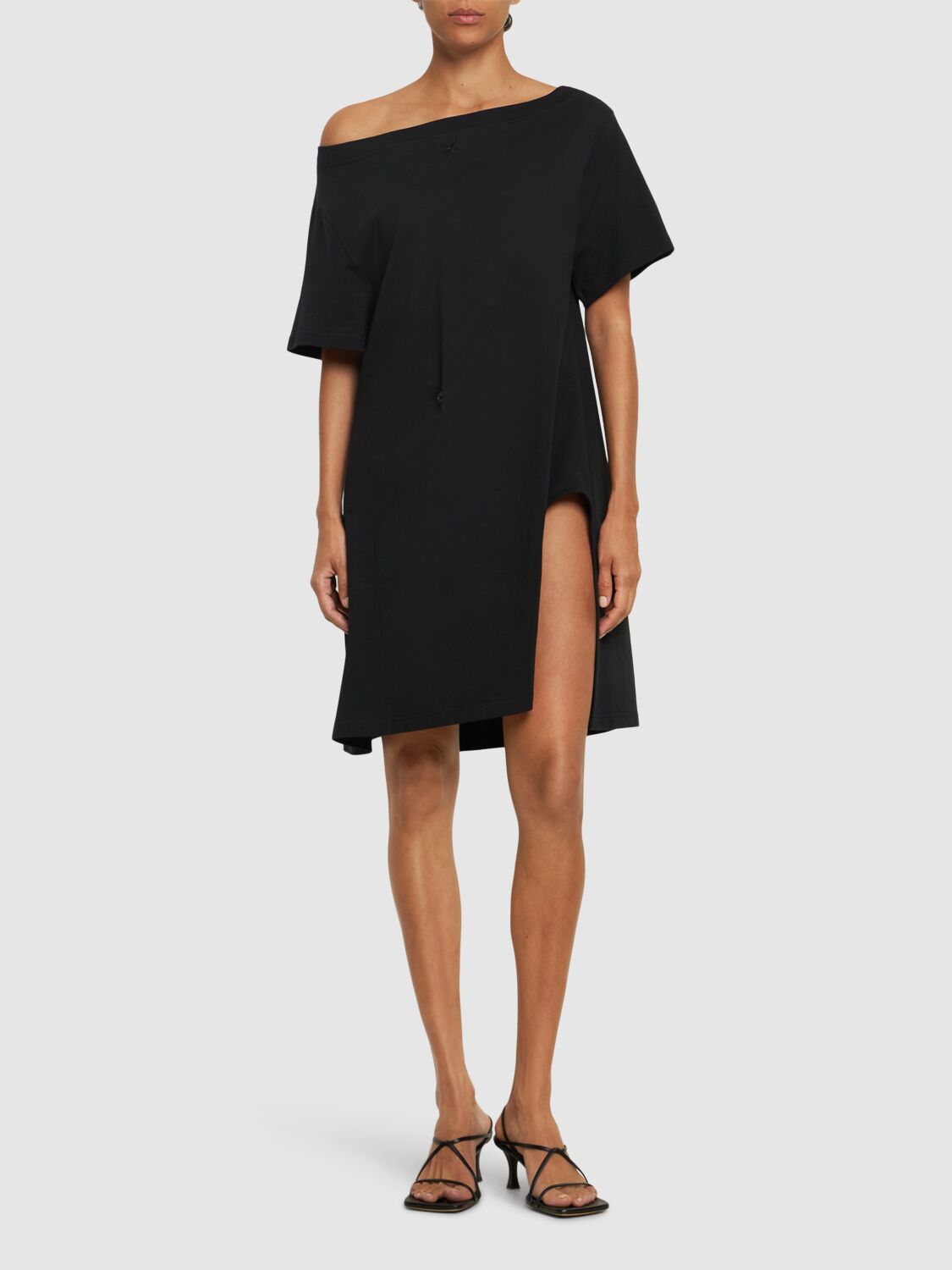 Shop Courrèges Boatneck Cotton Mini Dress In Black