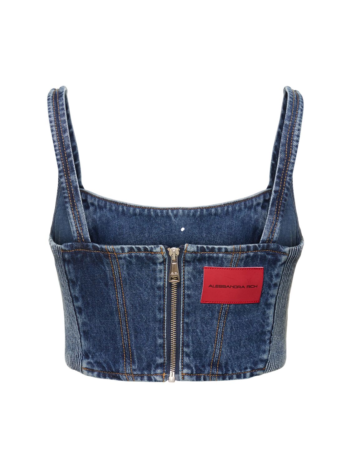 Shop Alessandra Rich Denim Bustier Top W/crystals In Blue