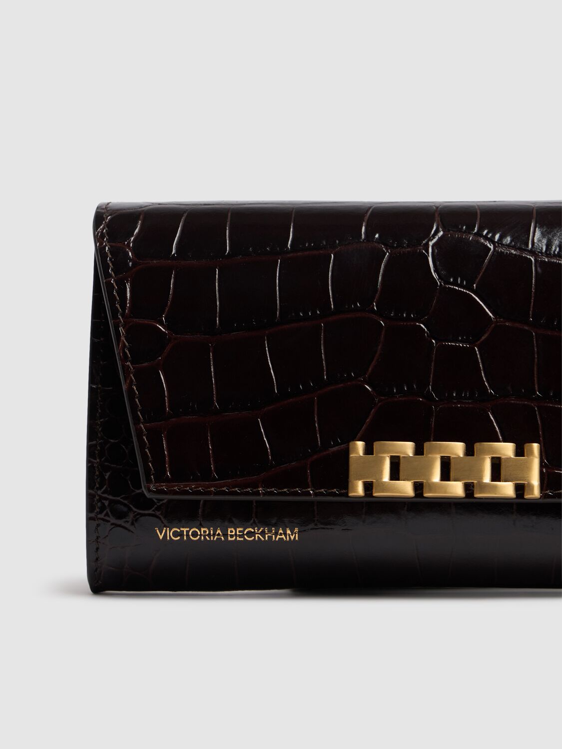 Shop Victoria Beckham Croc Embossed Leather Wallet W/chain In Espresso