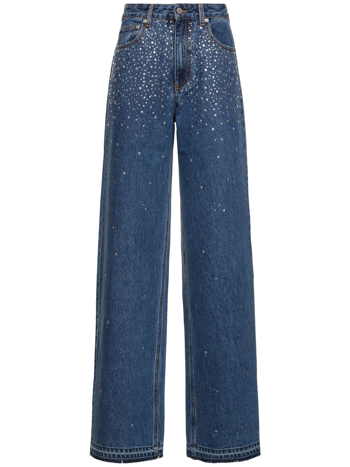 Alessandra Rich Denim Wide Jeans W/crystals In Blue