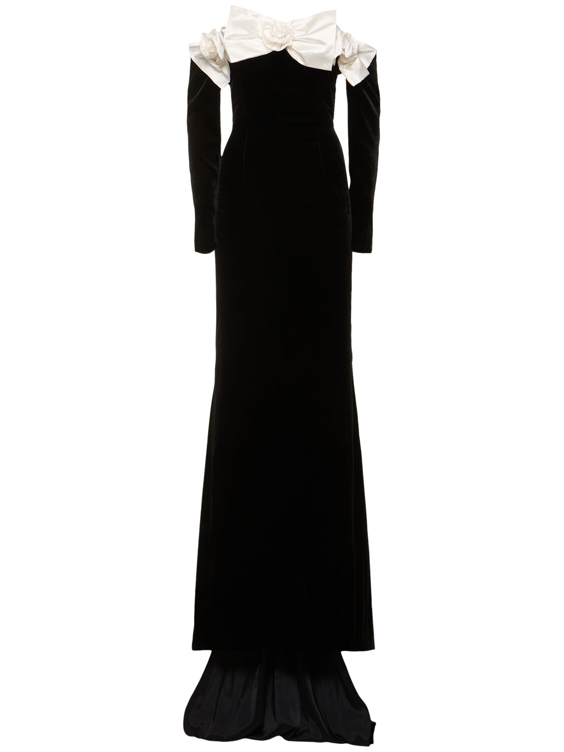 Alessandra Rich Off-shoulder Velvet Maxi Dress In Black/white