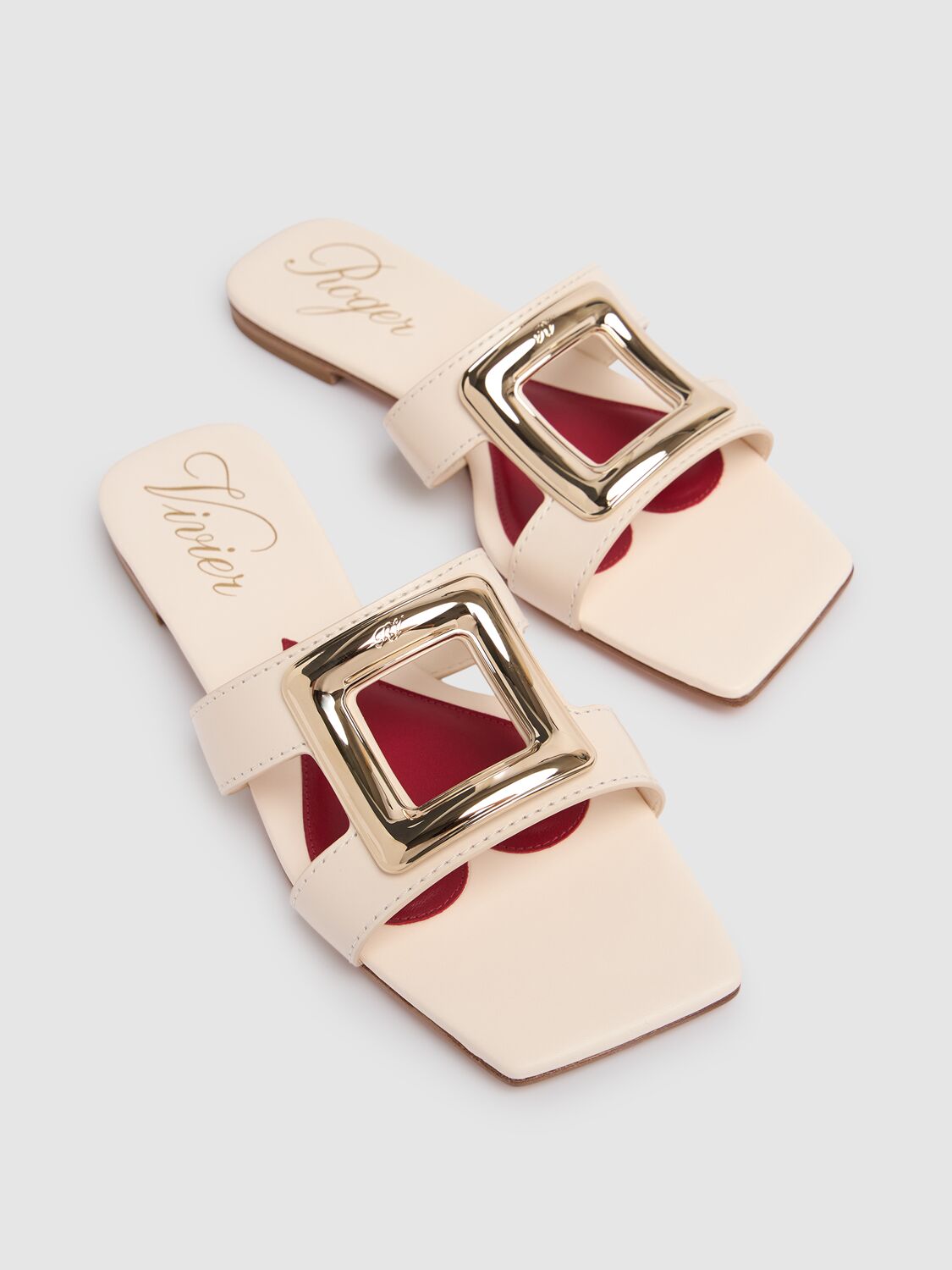 Shop Roger Vivier 5mm New Metal Buckle Leather Slides In 象牙色