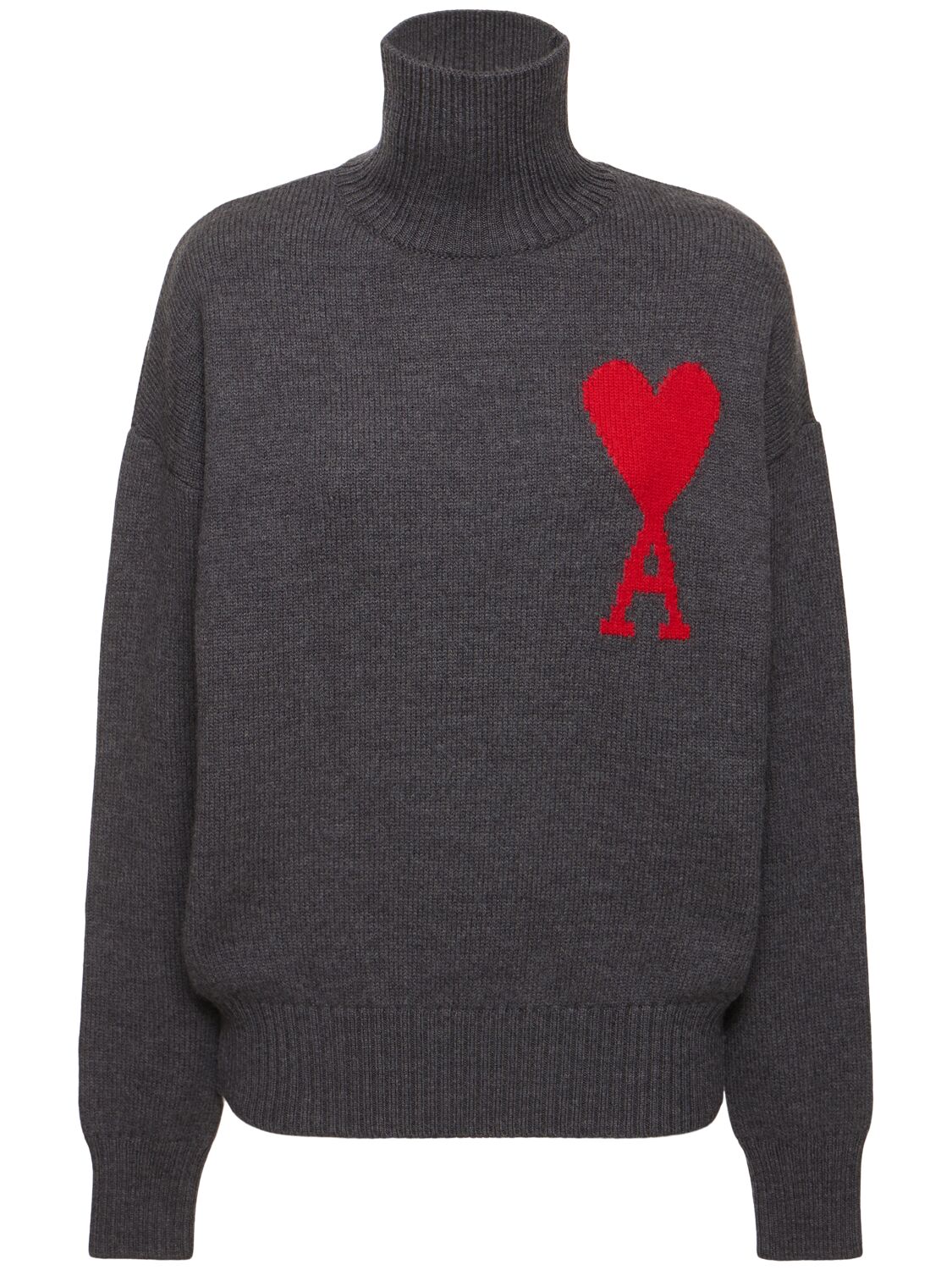 Shop Ami Alexandre Mattiussi Logo Felted Wool Turtleneck Sweater In Grey/red