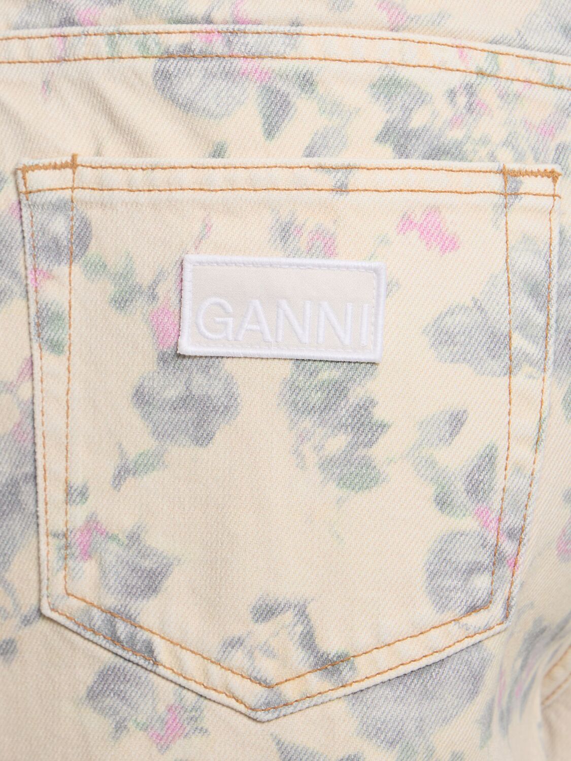 Shop Ganni Angi Printed Cotton Denim Jeans In Beige/multi