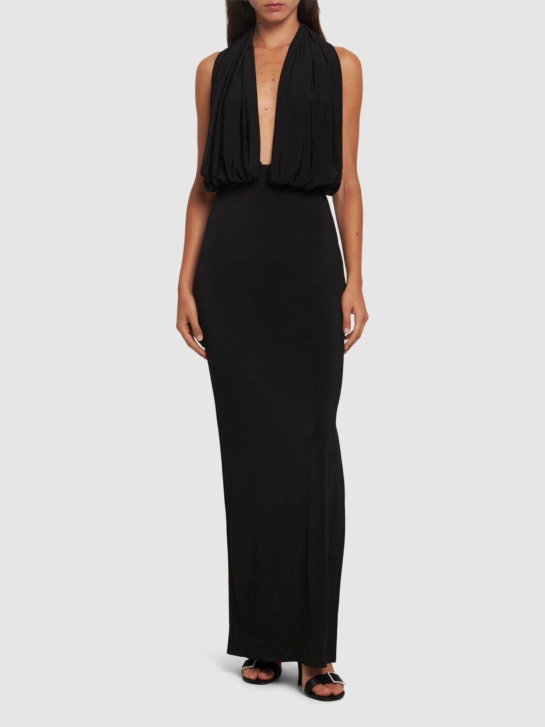 Magda Butrym Draped Stretch-satin Halterneck Gown In Black