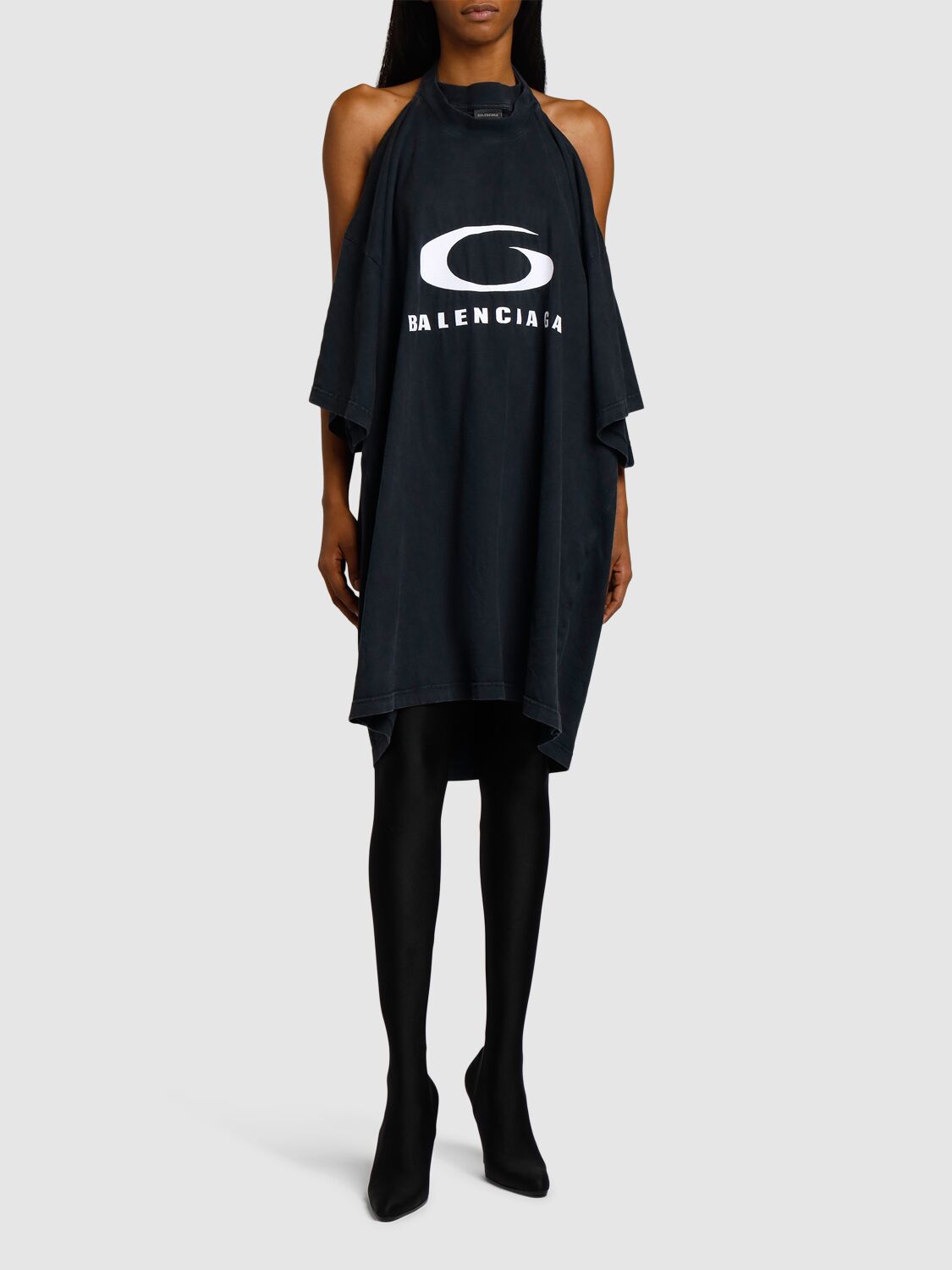 Shop Balenciaga Icon Print Pulled Cotton T-shirt Dress In Washed Black