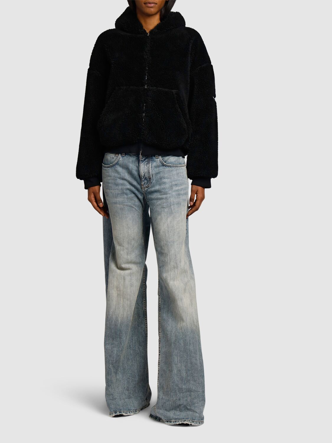 Shop Balenciaga Faux Shearling Zip-up Hoodie In Black