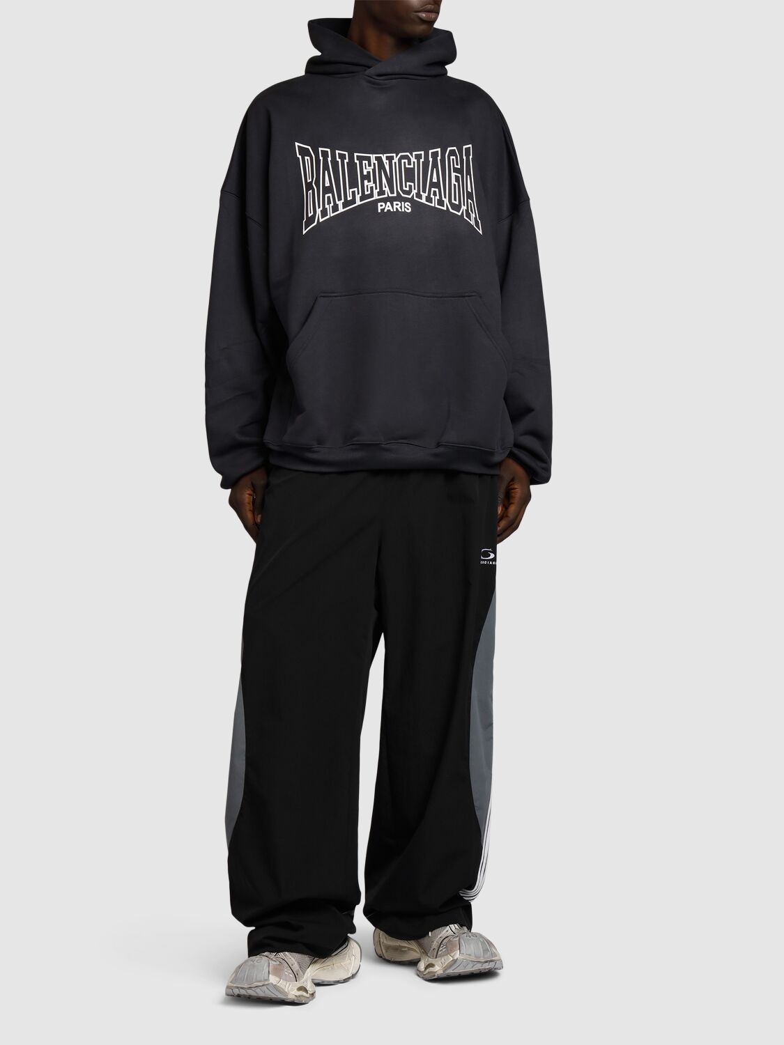 Shop Balenciaga Icon Print Cotton Hoodie In Washed Black