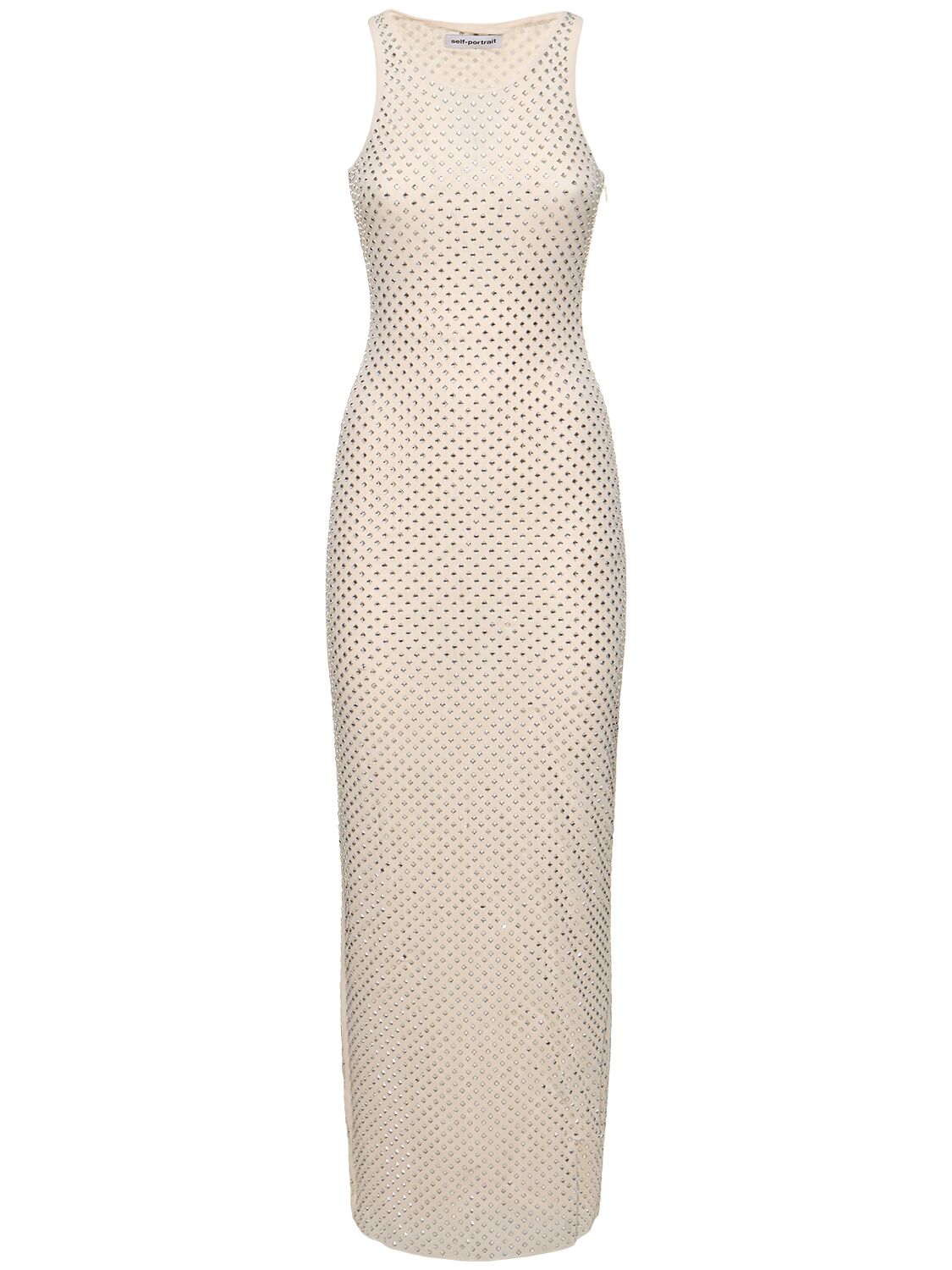 Shop Self-portrait Embellished Mesh Long Dress In White