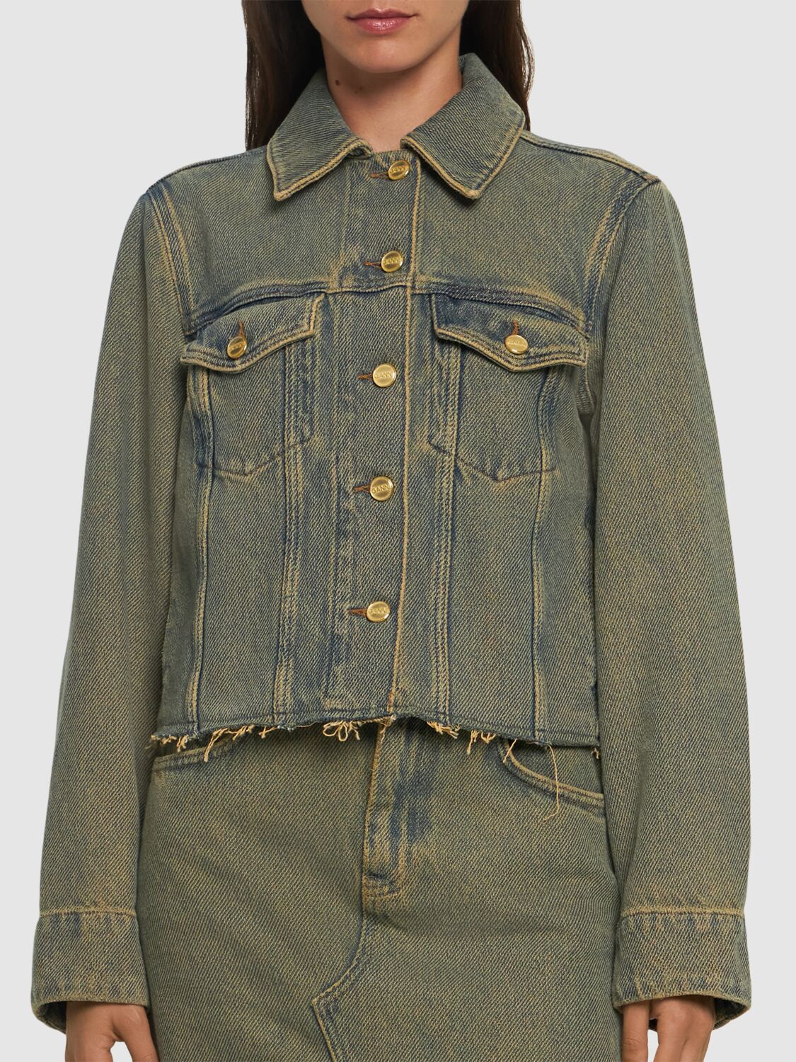 Shop Ganni Overdyed Heavy Cotton Denim Jacket In Brown