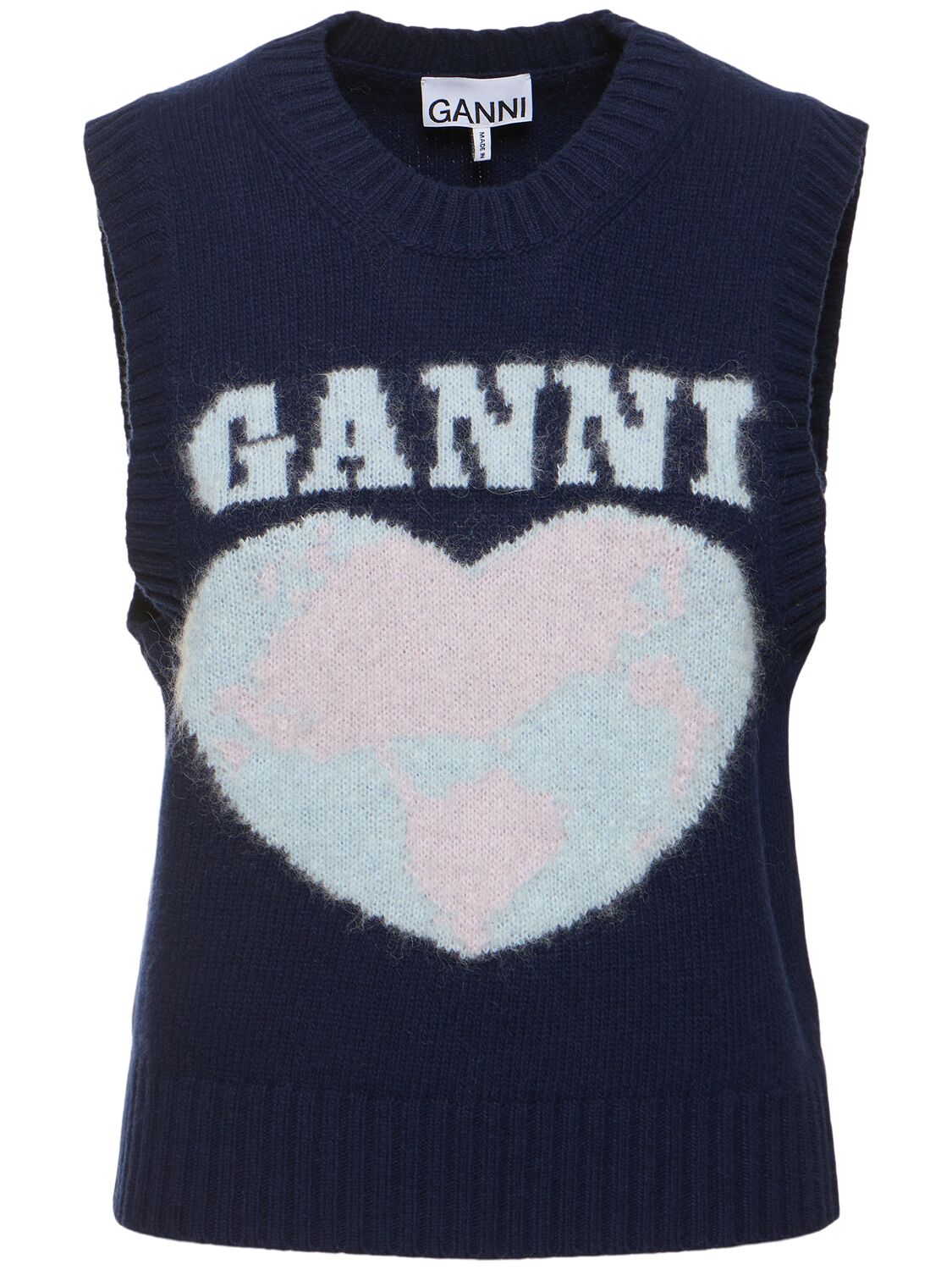 Shop Ganni Graphic Soft Wool Blend Logo Vest In Blue