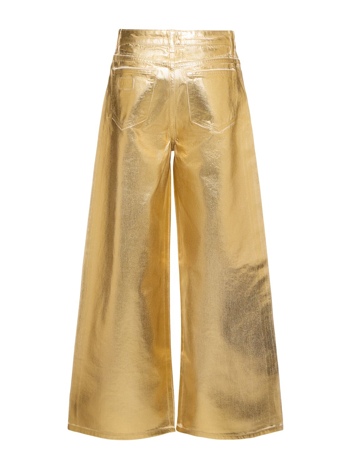 Shop Ganni Foil Cotton Denim Wide Jeans In Gold