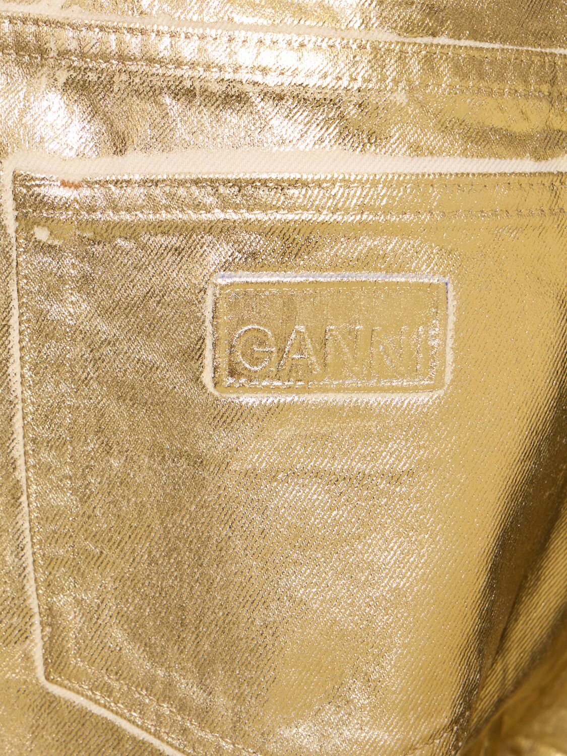 Shop Ganni Foil Cotton Denim Wide Jeans In Gold