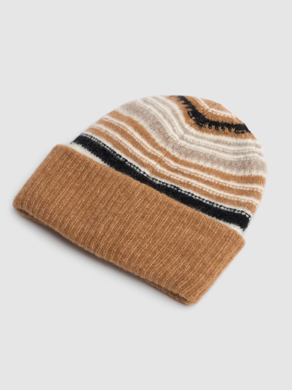 Shop Ganni Striped Soft Wool Blend Beanie In Tigers Eye