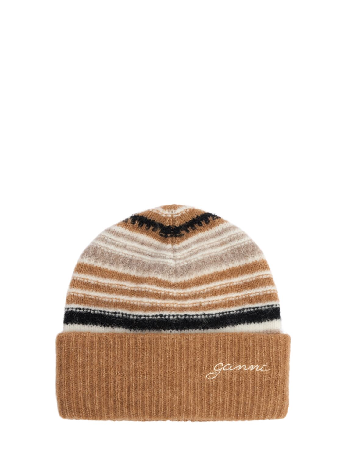 Ganni Striped Soft Wool Blend Beanie In Tigers Eye