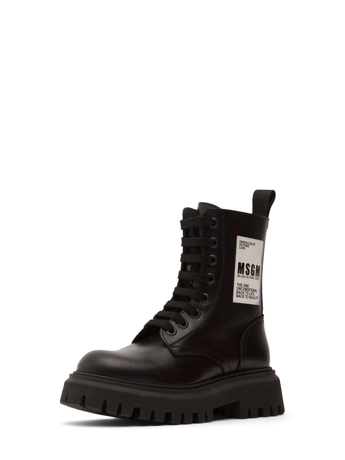 Shop Msgm Leather Lace-up Combat Boots W/logo In Black