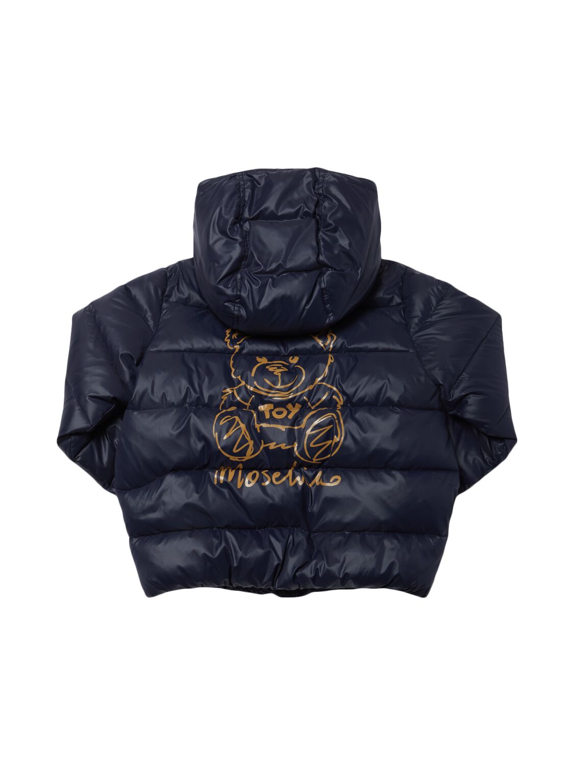 Shop Moschino Printed Nylon Puffer Jacket In Navy