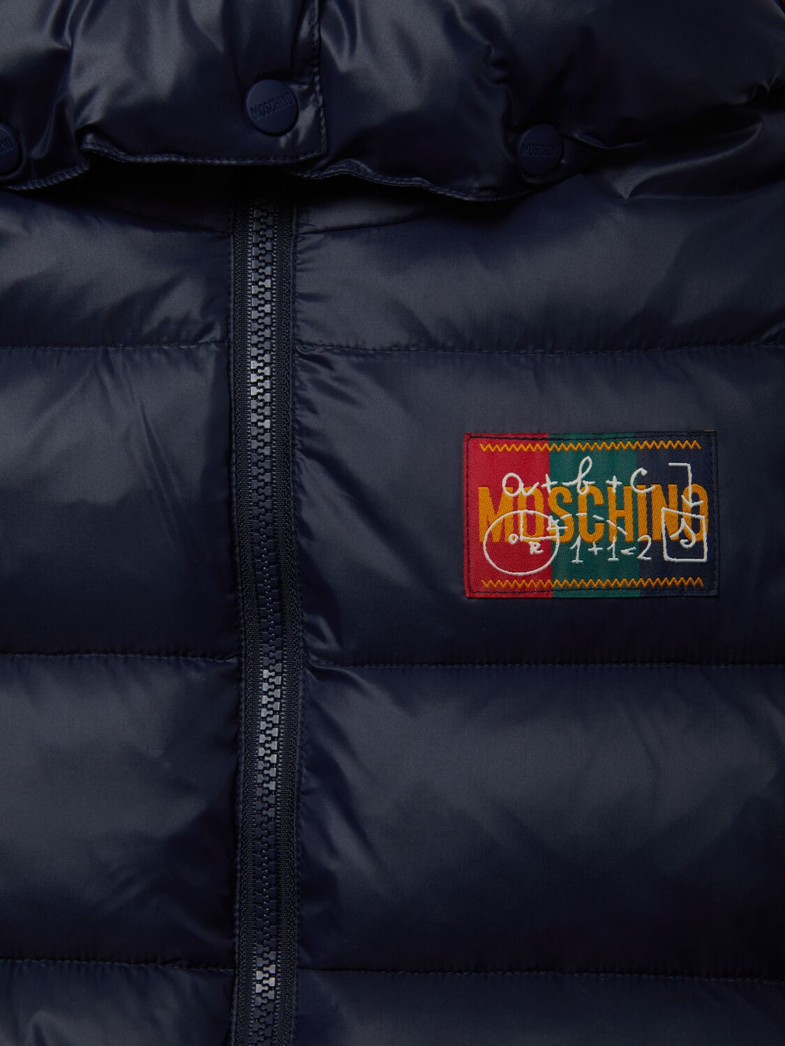 Shop Moschino Printed Nylon Puffer Jacket In Navy