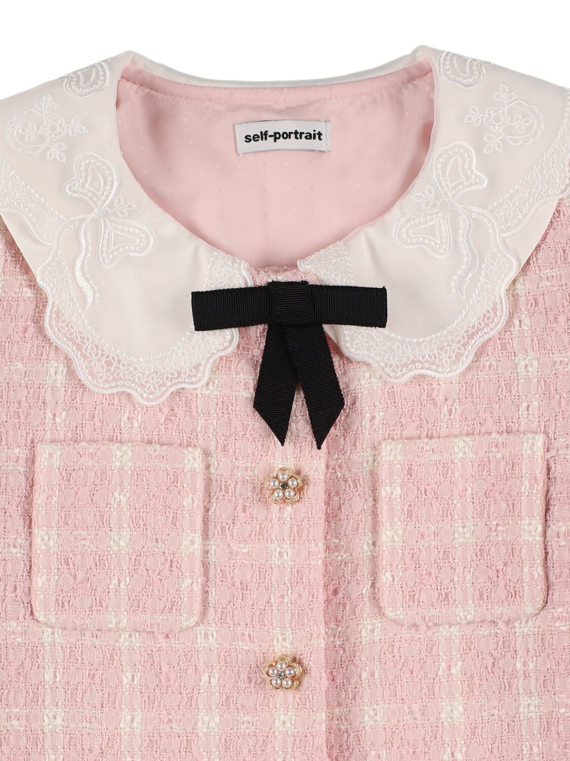 Shop Self-portrait Check Print Bouclé Cropped Jacket In Pink