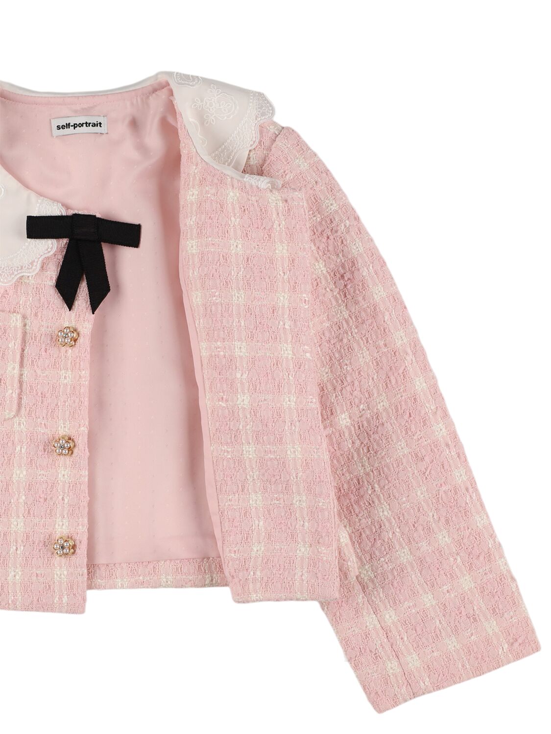 Shop Self-portrait Check Print Bouclé Cropped Jacket In Pink