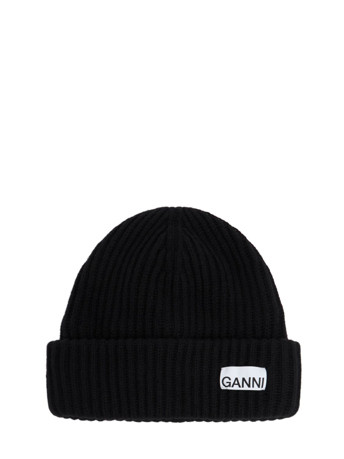 Ganni Oversized Wool Rib Knit Beanie In Black