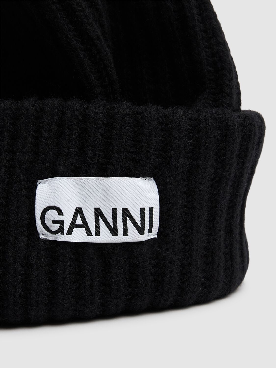 Shop Ganni Structured Rib Knit Wool Blend Beanie In Black