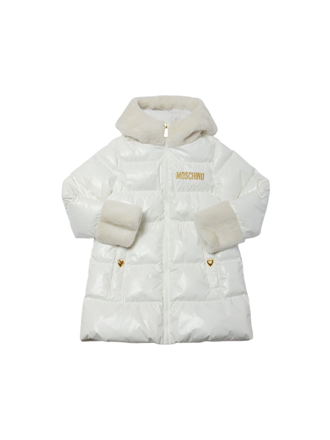 Shop Moschino Logo Poly Puffer Jacket In White