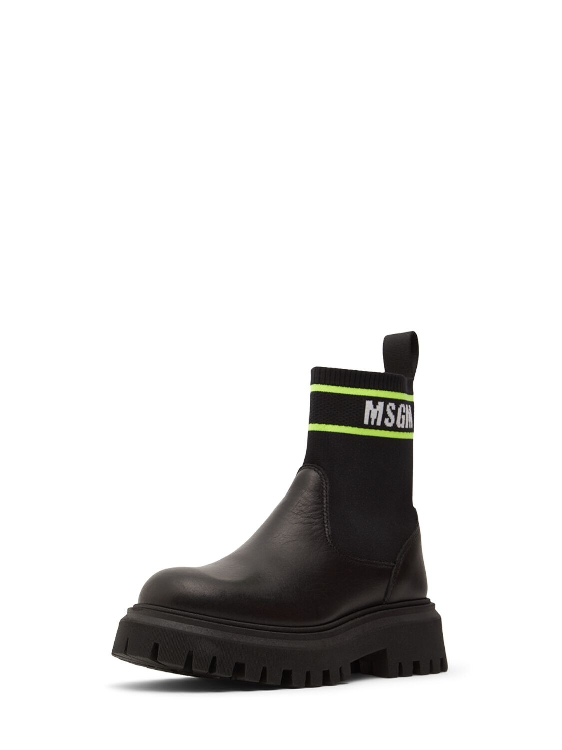 Shop Msgm Calf & Knit Pull-on Boots W/logo In Black