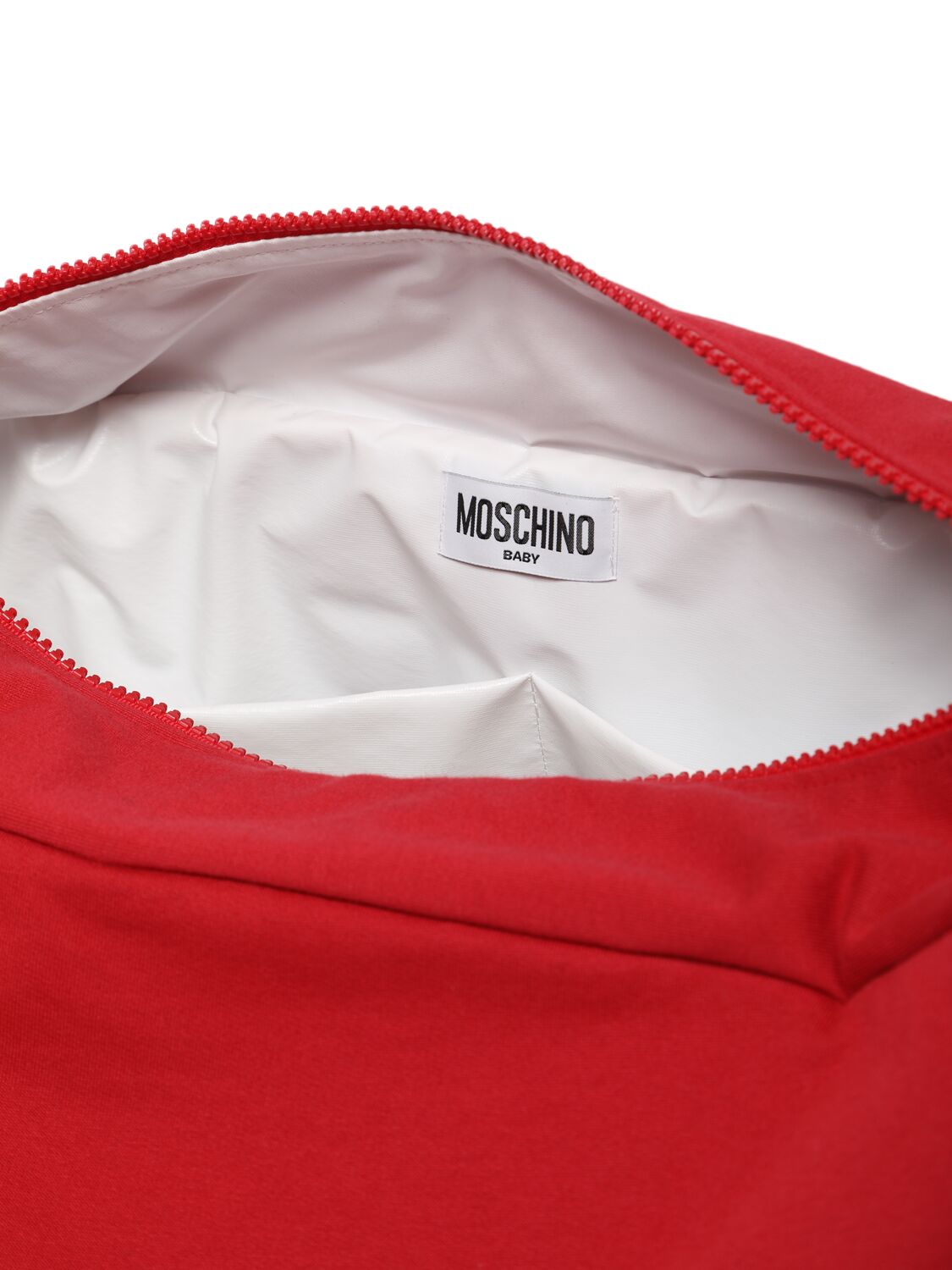 Shop Moschino Printed Cotton Changing Bag W/ Mat In Red