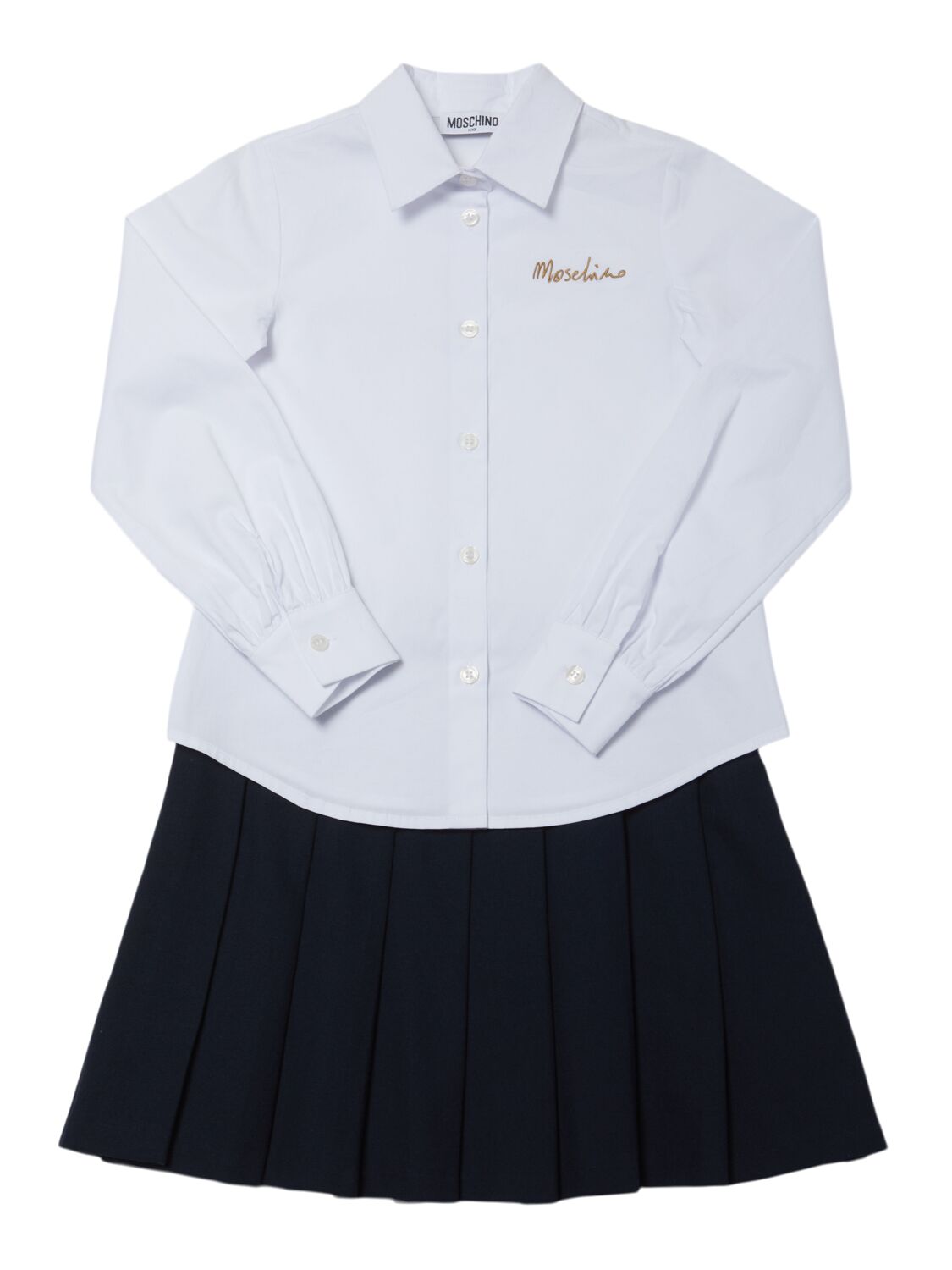 Moschino Kids' Cotton Shirt & Pleated Jersey Skirt In Dark Blue