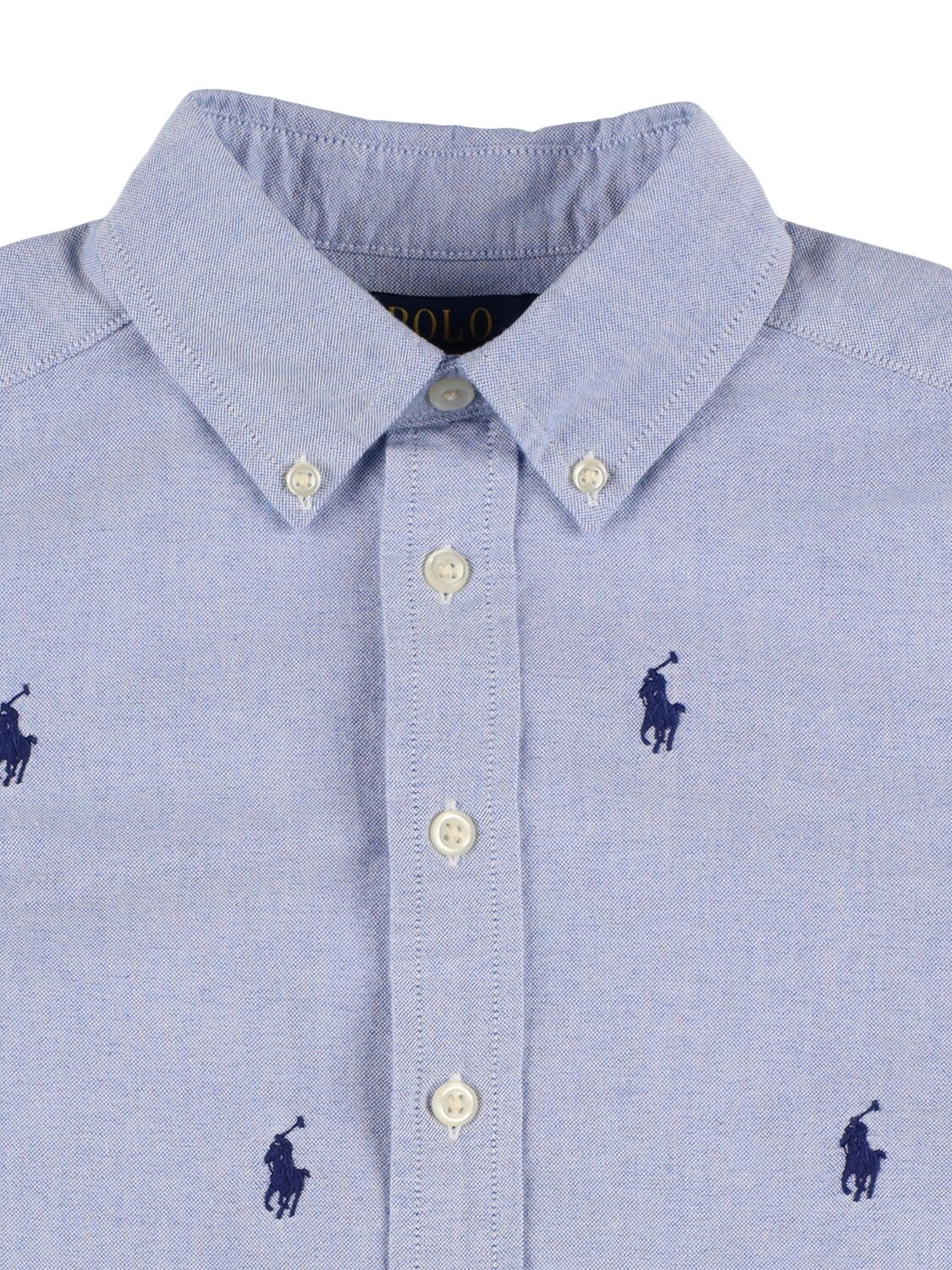 Shop Polo Ralph Lauren Logo Embroidered Cotton Poplin Shirt In Light Blue