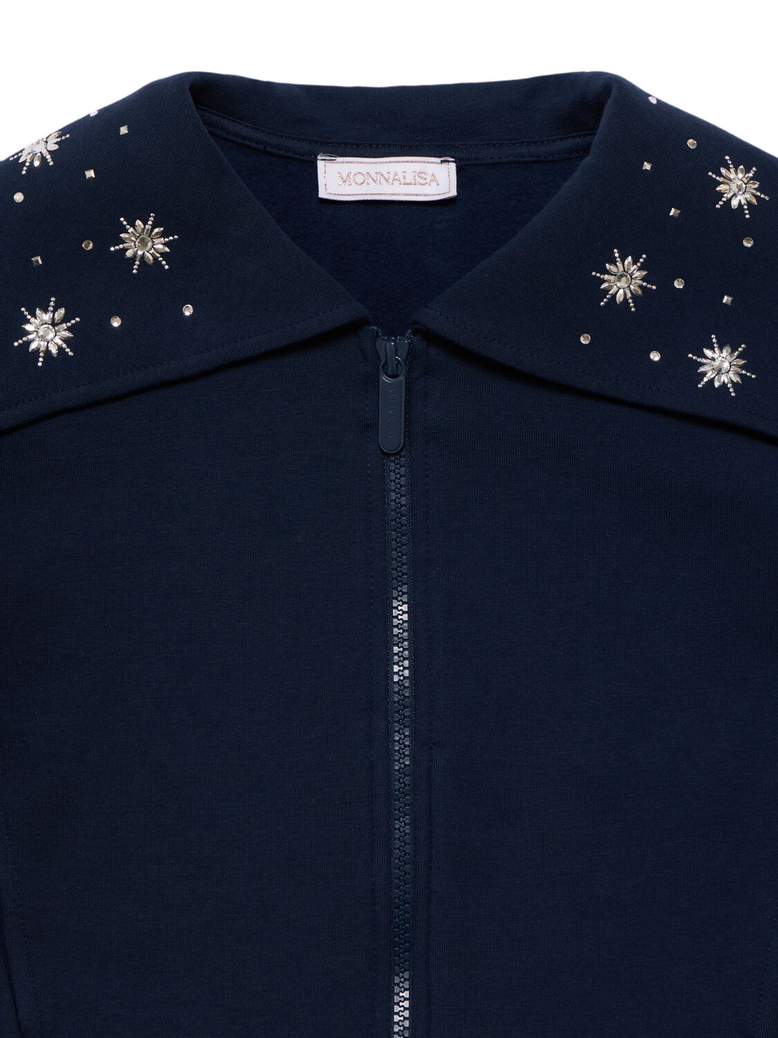 Shop Monnalisa Embellished Cotton Full-zip Sweatshirt In Dark Blue