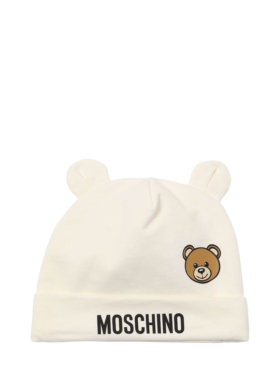 Shop Moschino Printed Cotton Romper, Bib & Hat In White