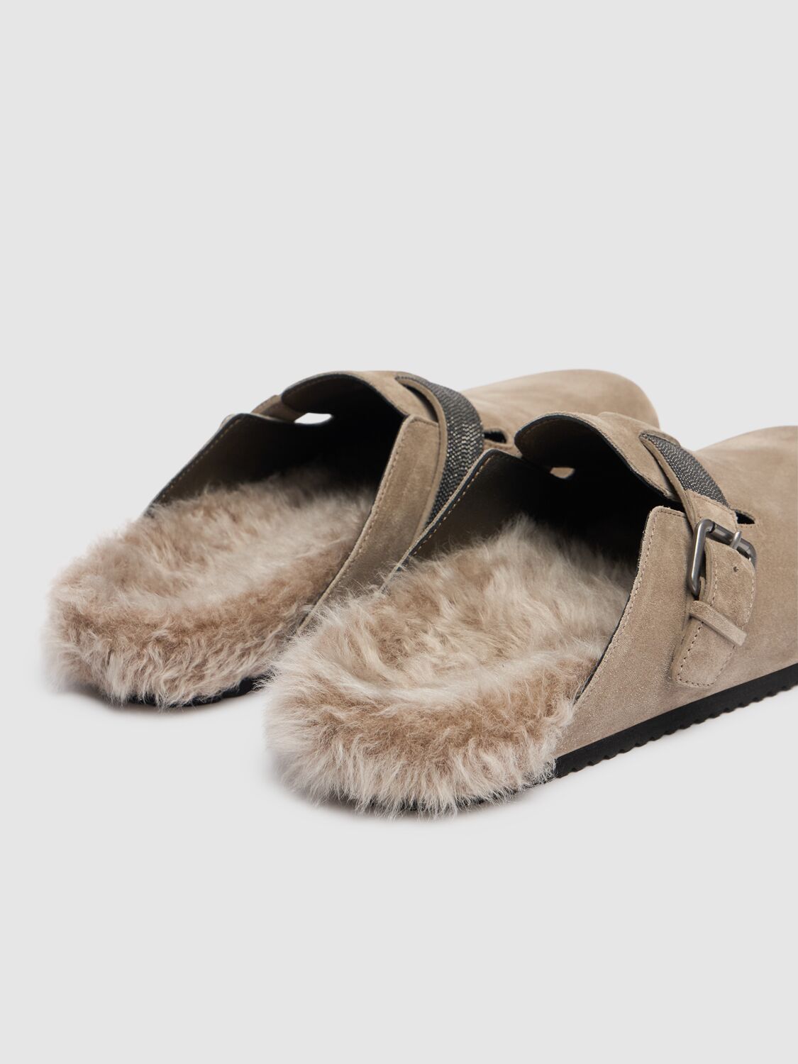 Shop Brunello Cucinelli 10mm Suede & Fur Mules In Dark Beige